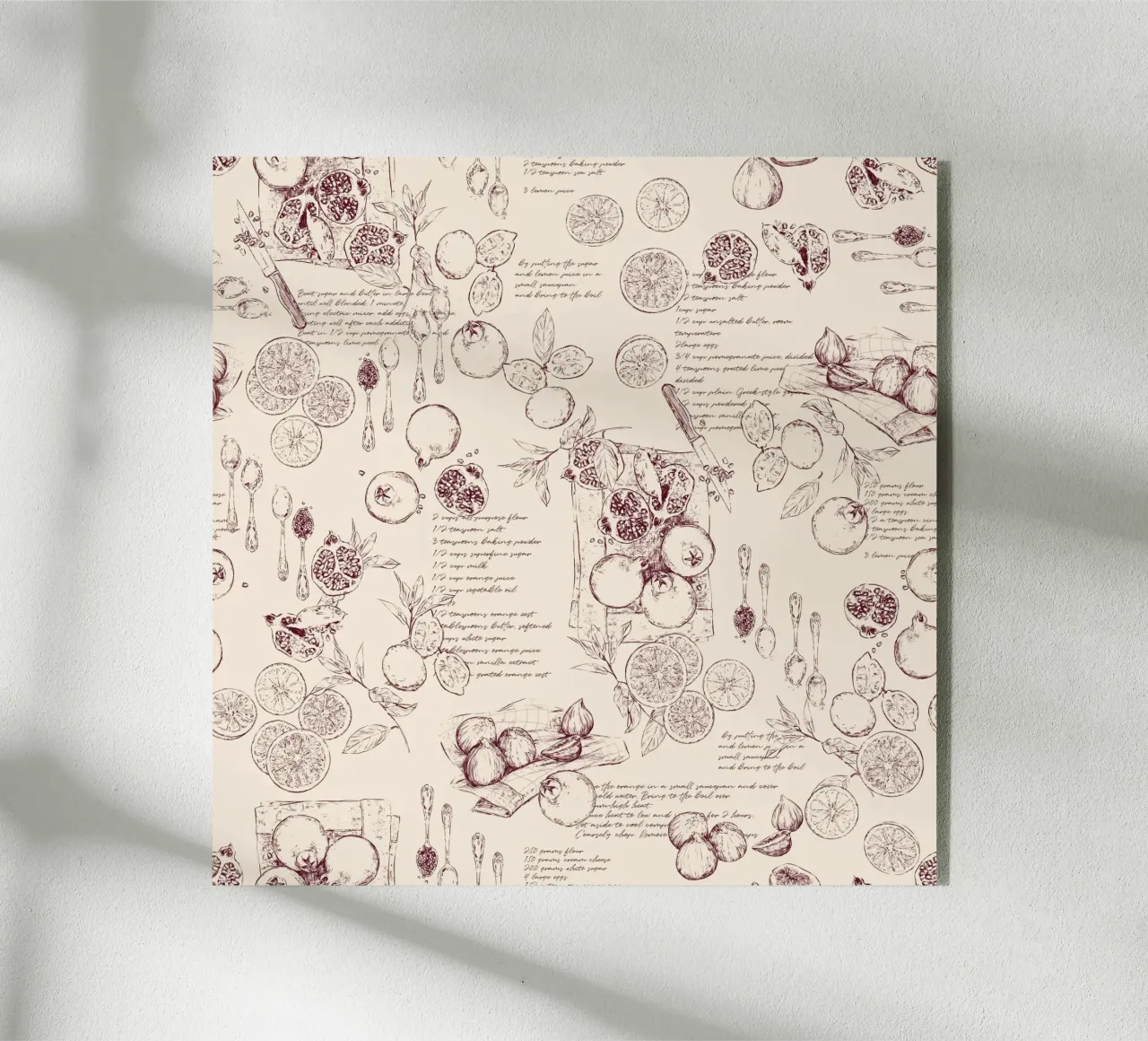 Toile de jouy con frutta e ricette in granata e beige. plexiglass da Art by Susana Miranda ilustración