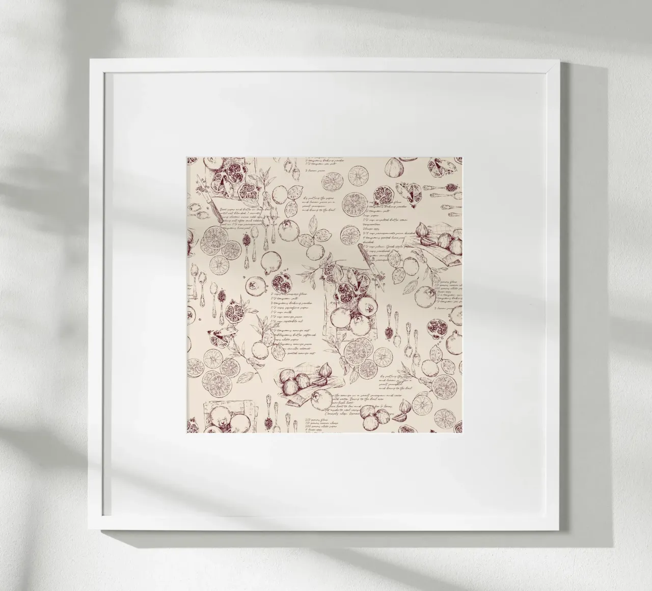Toile de jouy con frutta e ricette in granata e beige. carta hahnemühle da Art by Susana Miranda ilustración