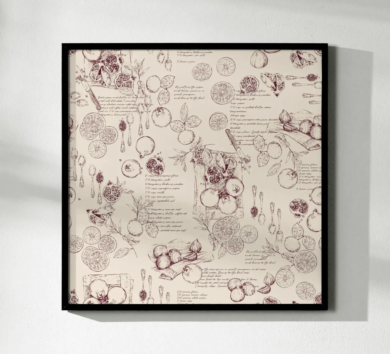 Toile de jouy con frutta e ricette in granata e beige. carta hahnemühle da Art by Susana Miranda ilustración