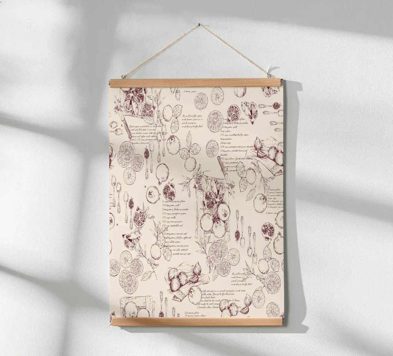 Toile de jouy con frutta e ricette in granata e beige. carta hahnemühle da Art by Susana Miranda ilustración