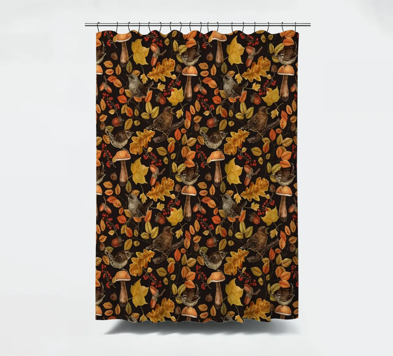 Foglie d'autunno, bacche, funghi e scriccioli tenda da doccia da Painted Nature