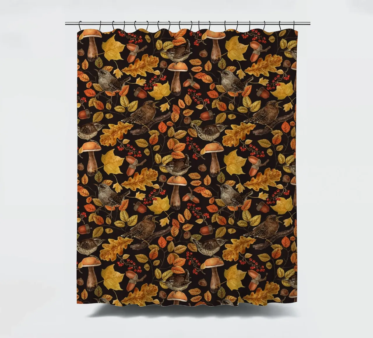 Foglie d'autunno, bacche, funghi e scriccioli tenda da doccia da Painted Nature