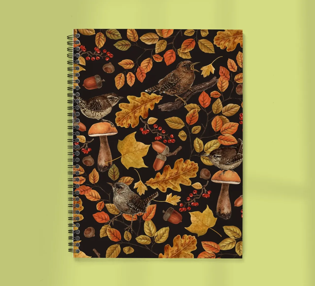 Autumn leaves, berries, mushrooms and wrens spiral notebook by Painted Nature