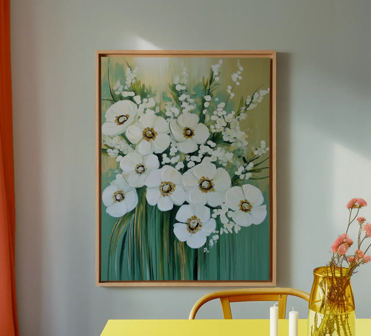 De witte bloemen met groene achtergrond canvas met Baklijst van Imagine
