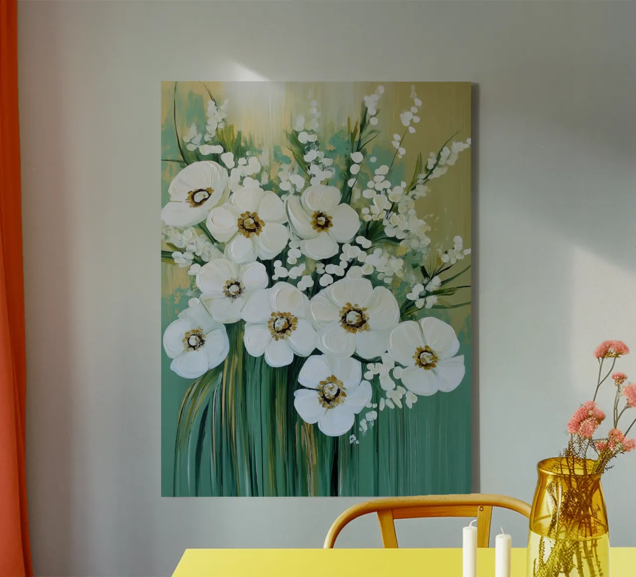 De witte bloemen met groene achtergrond canvas met Baklijst van Imagine