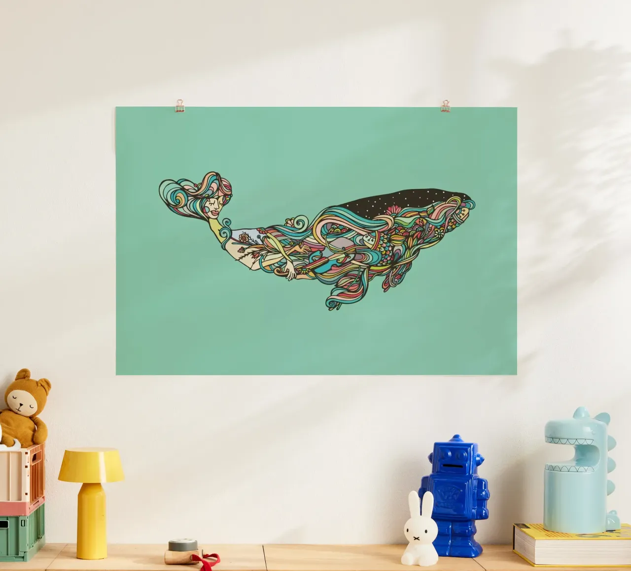 Whale poster con telaio in legno da Ninhol