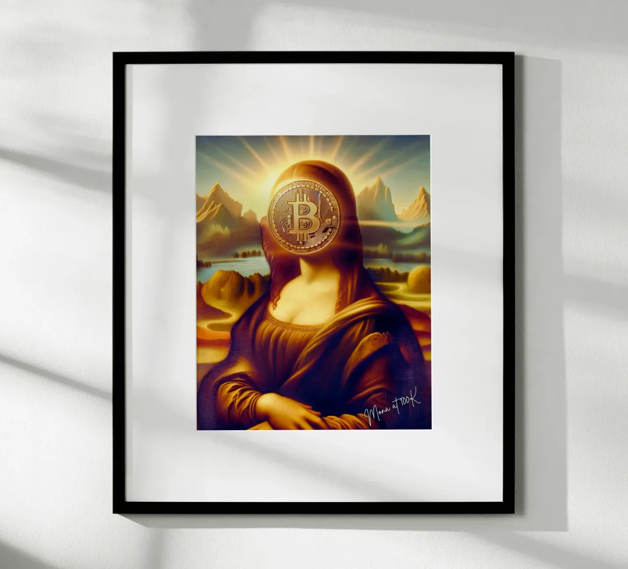 Mona at 100K_BTC poster with wooden frame by Crypto_Jungle