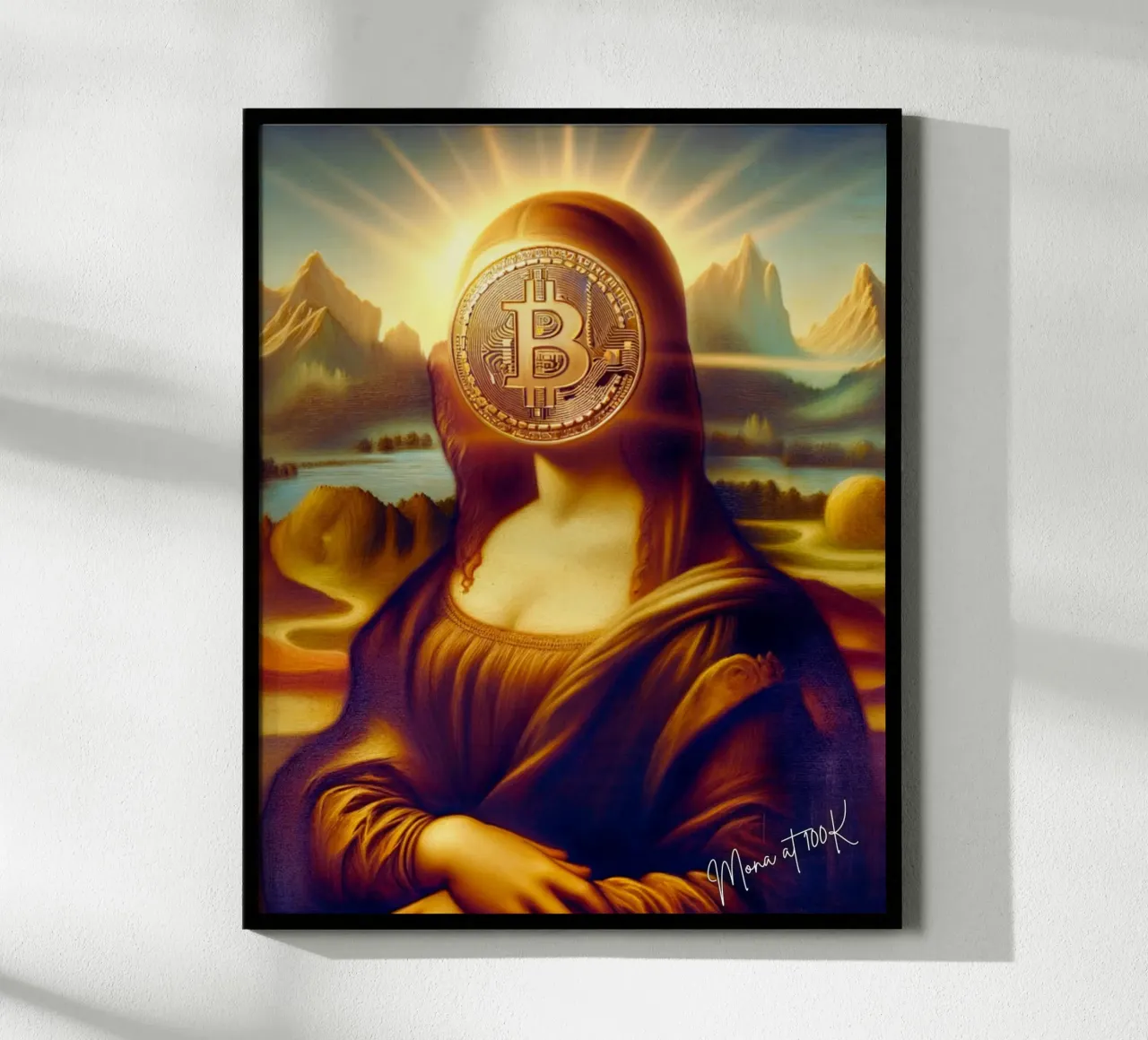 Mona at 100K_BTC poster with wooden frame by Crypto_Jungle