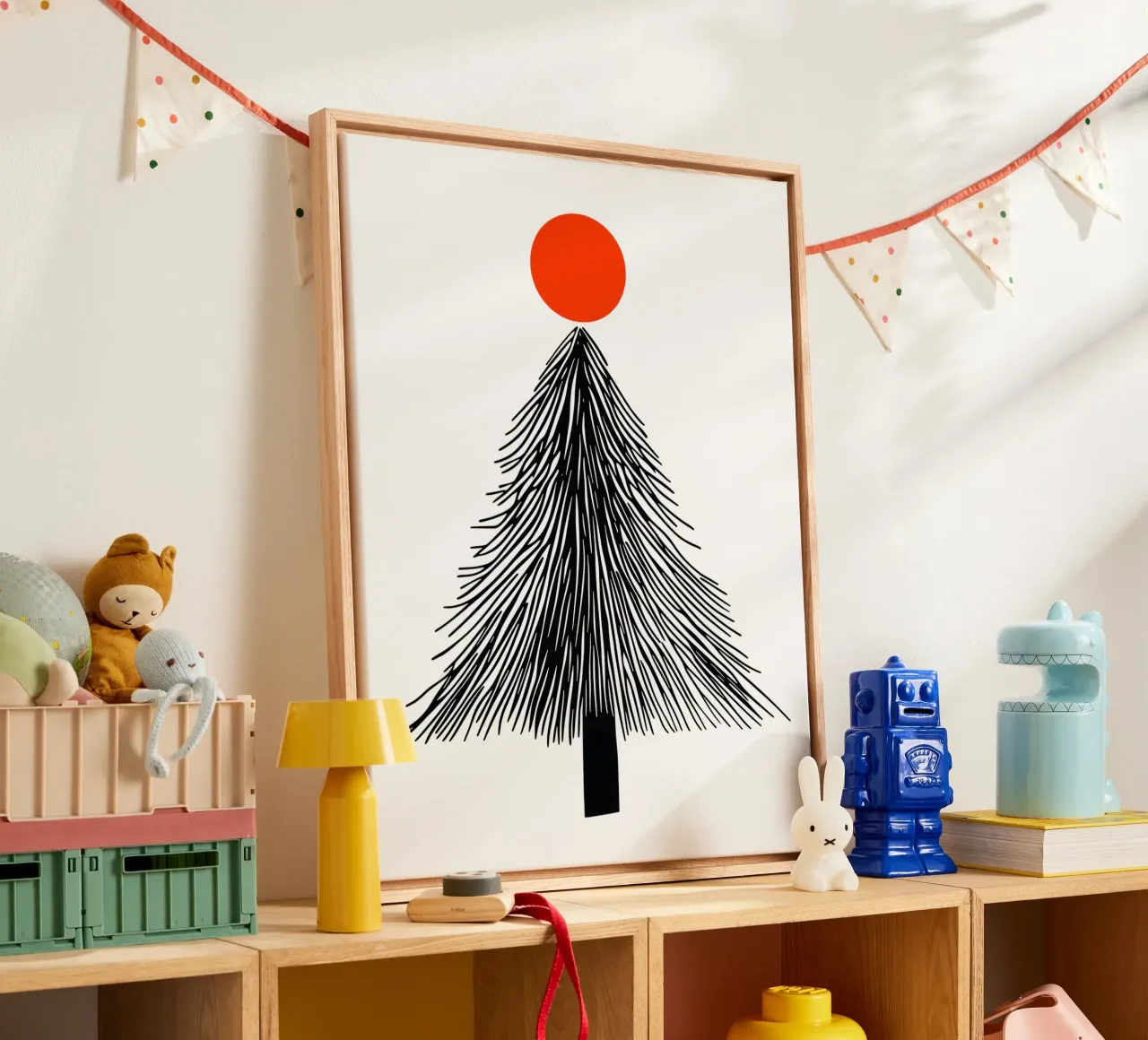 Minimalist Christmas fir tree with red sun canvas with Floater frame by Autofocus