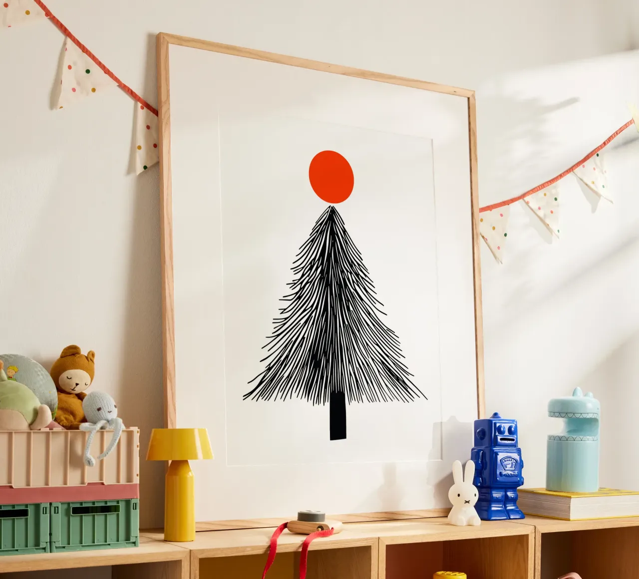 Minimalist Christmas fir tree with red sun poster by Autofocus