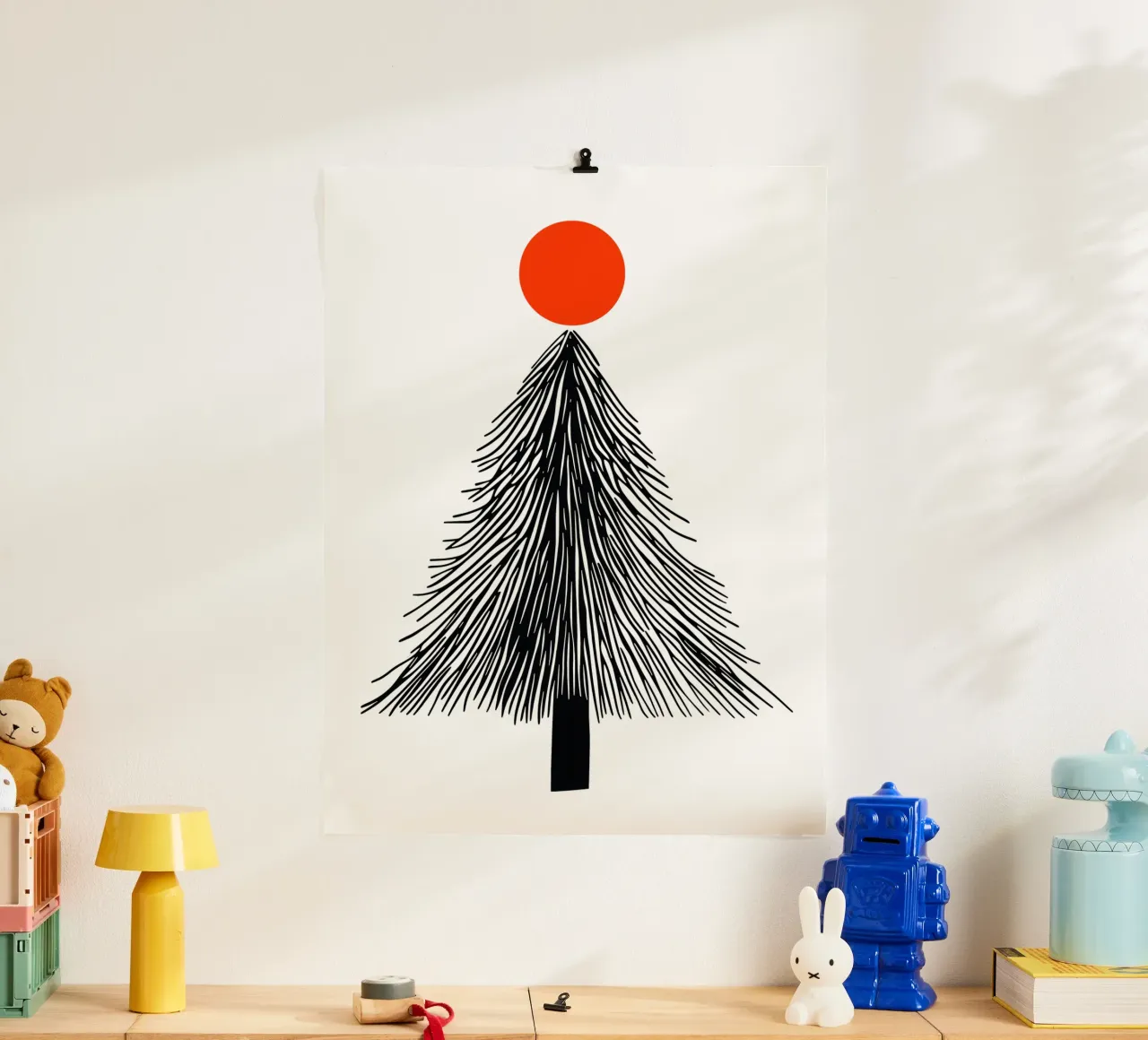 Minimalist Christmas fir tree with red sun poster by Autofocus