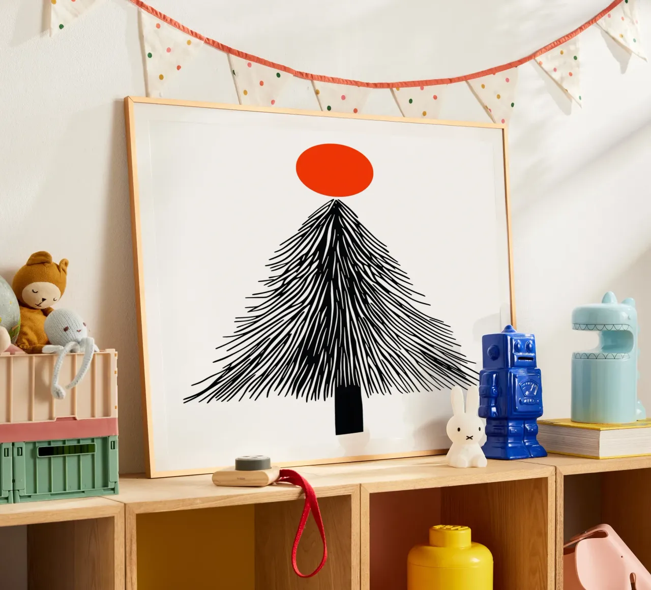 Minimalist Christmas fir tree with red sun poster by Autofocus