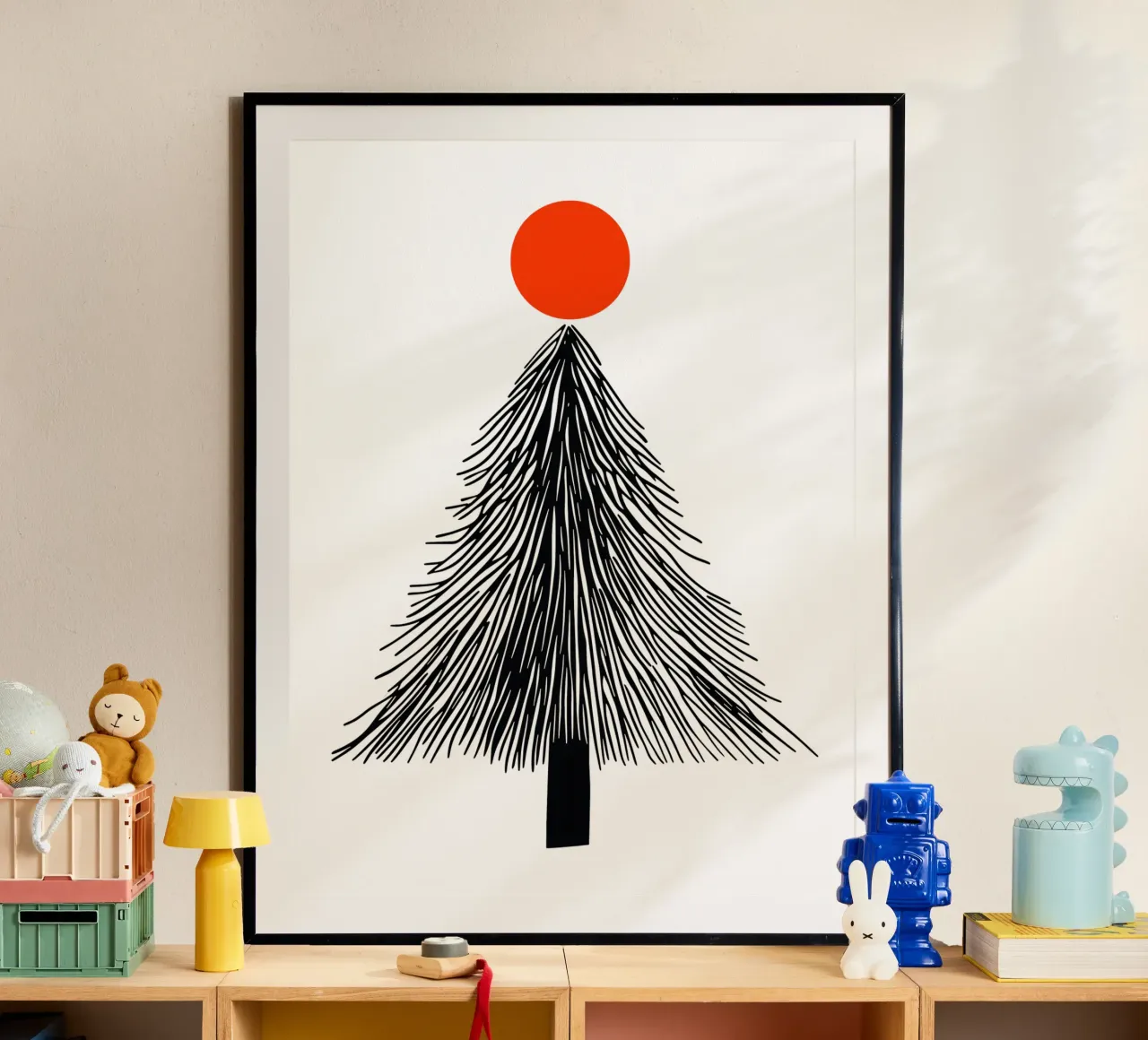 Minimalist Christmas fir tree with red sun poster by Autofocus