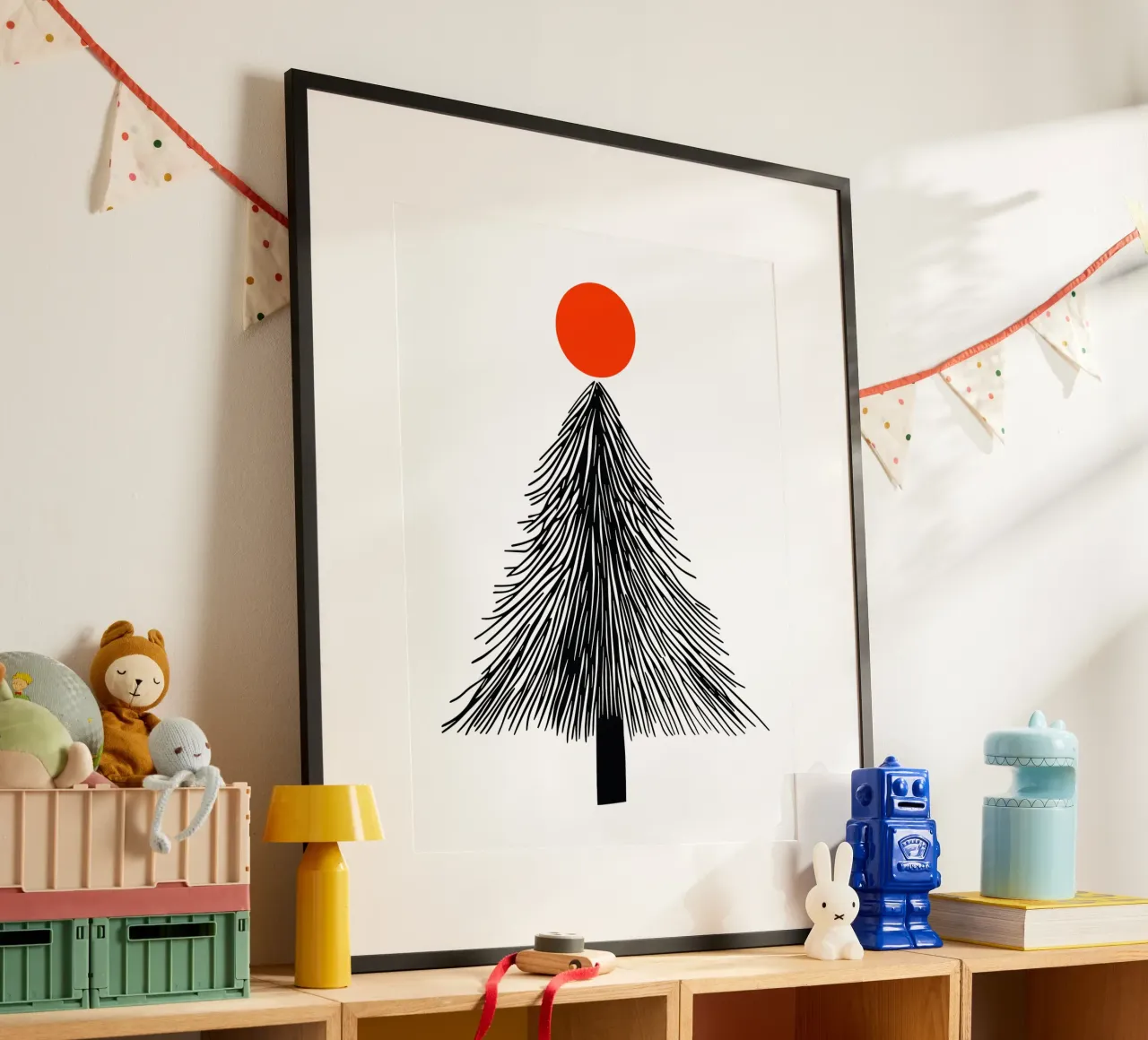 Minimalist Christmas fir tree with red sun poster by Autofocus