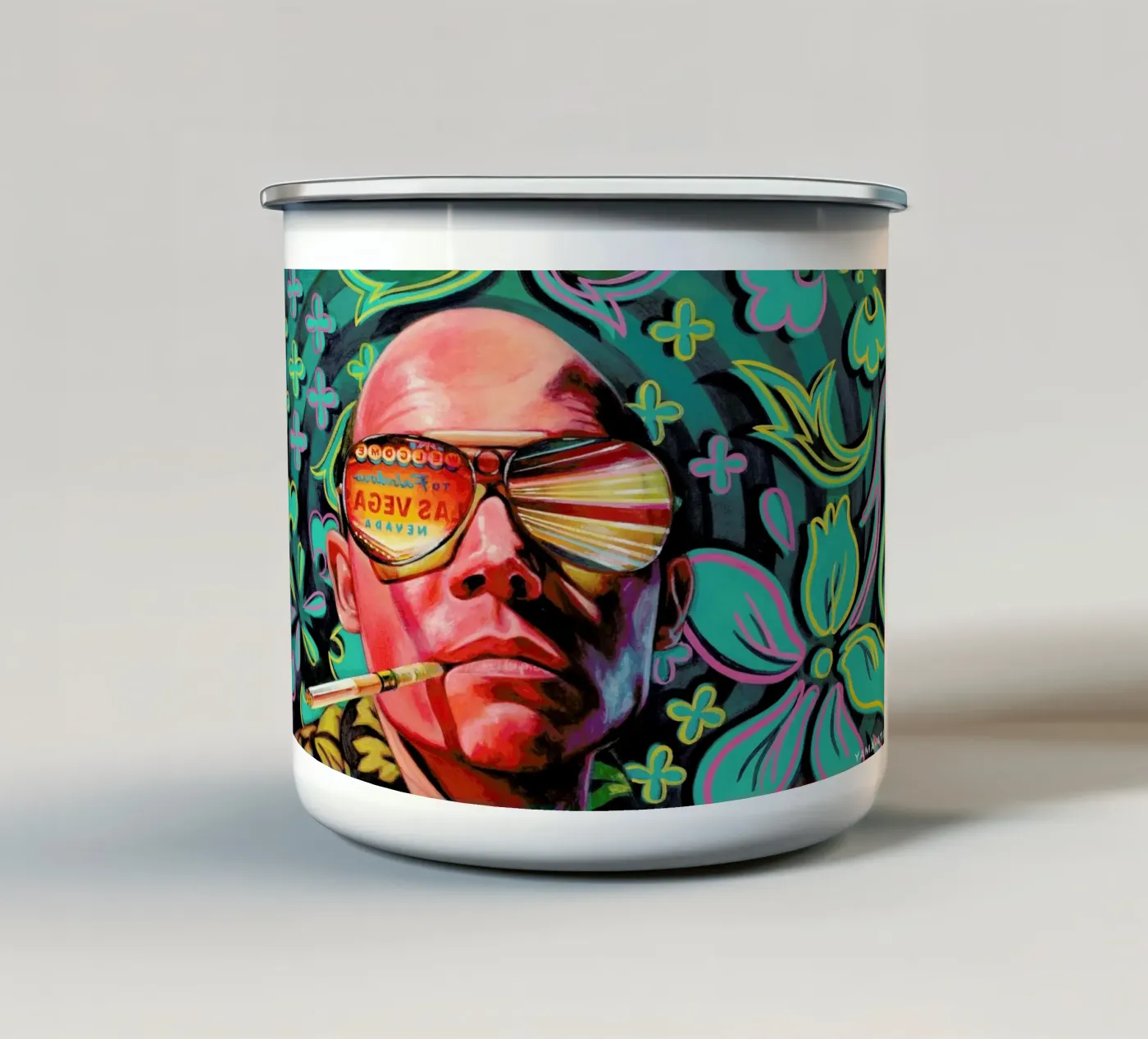 Flat enamel mug by Jared Yamahata