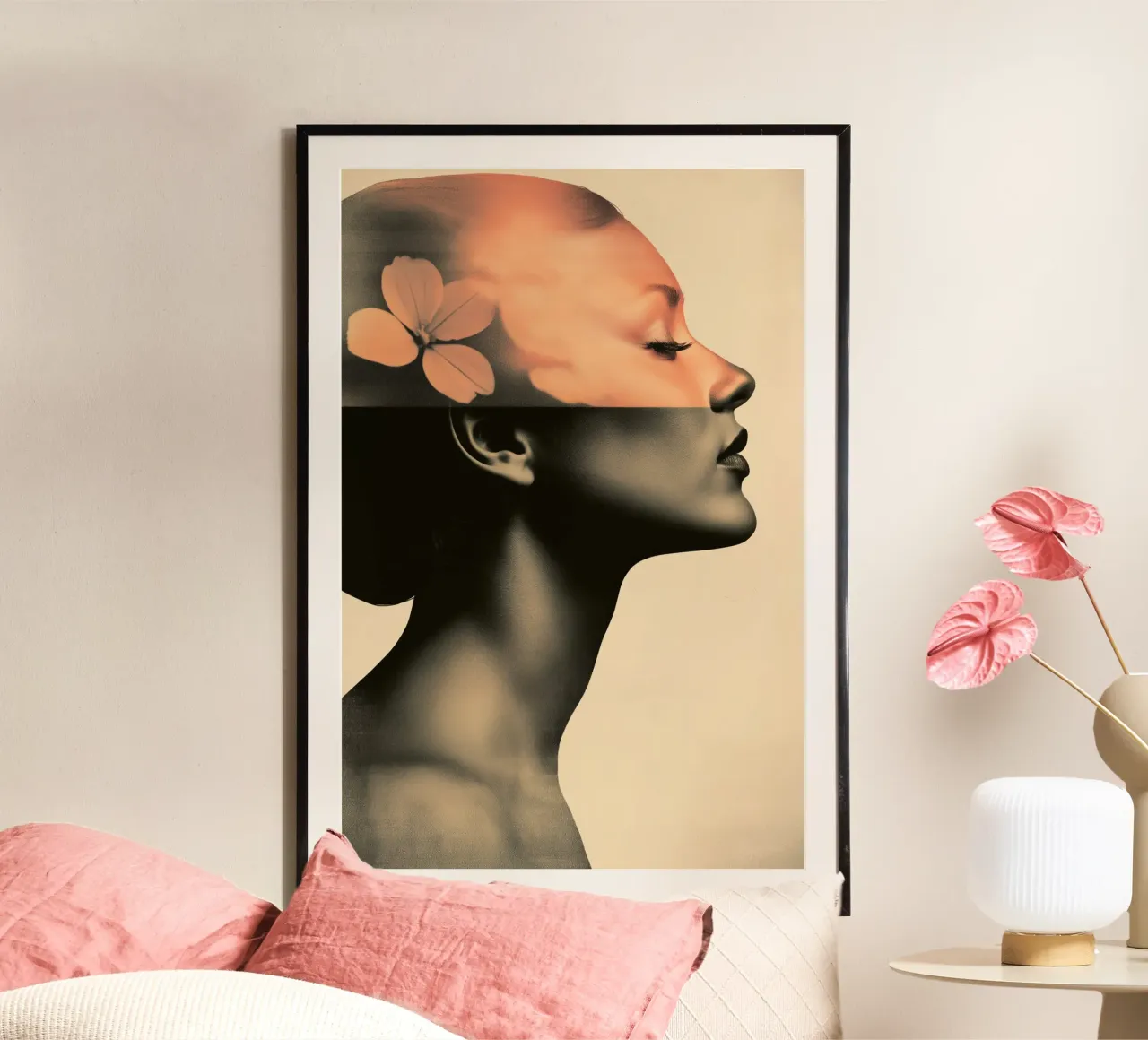 Ritratto femminile con ortensia poster con telaio in plastica da Imagine