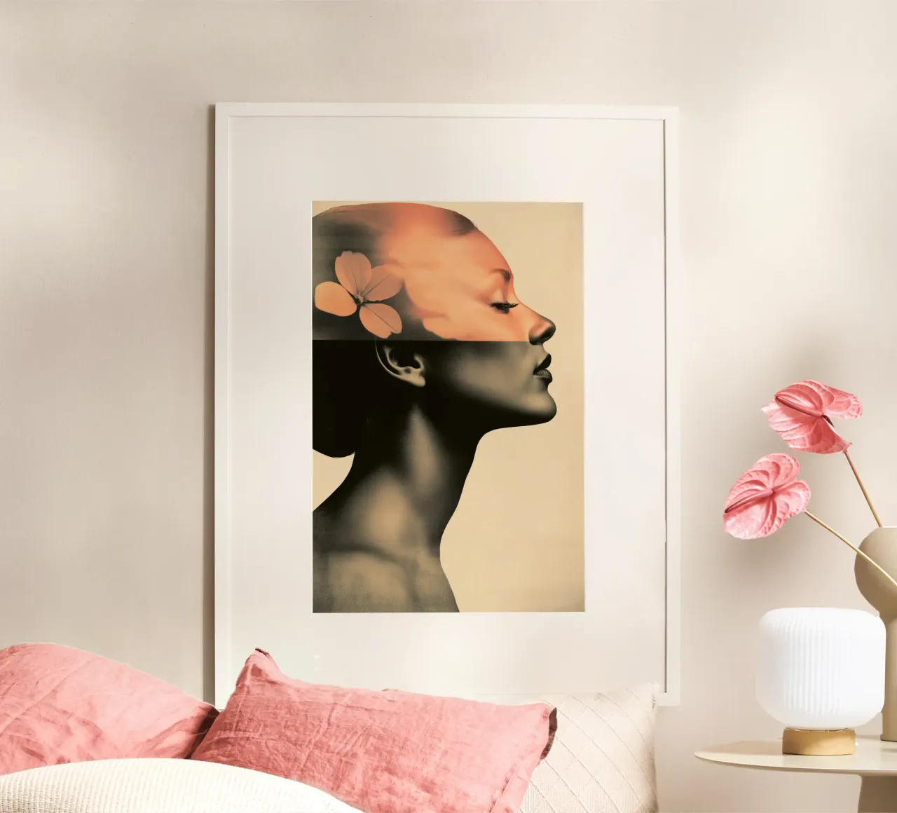 Ritratto femminile con ortensia poster con telaio in plastica da Imagine