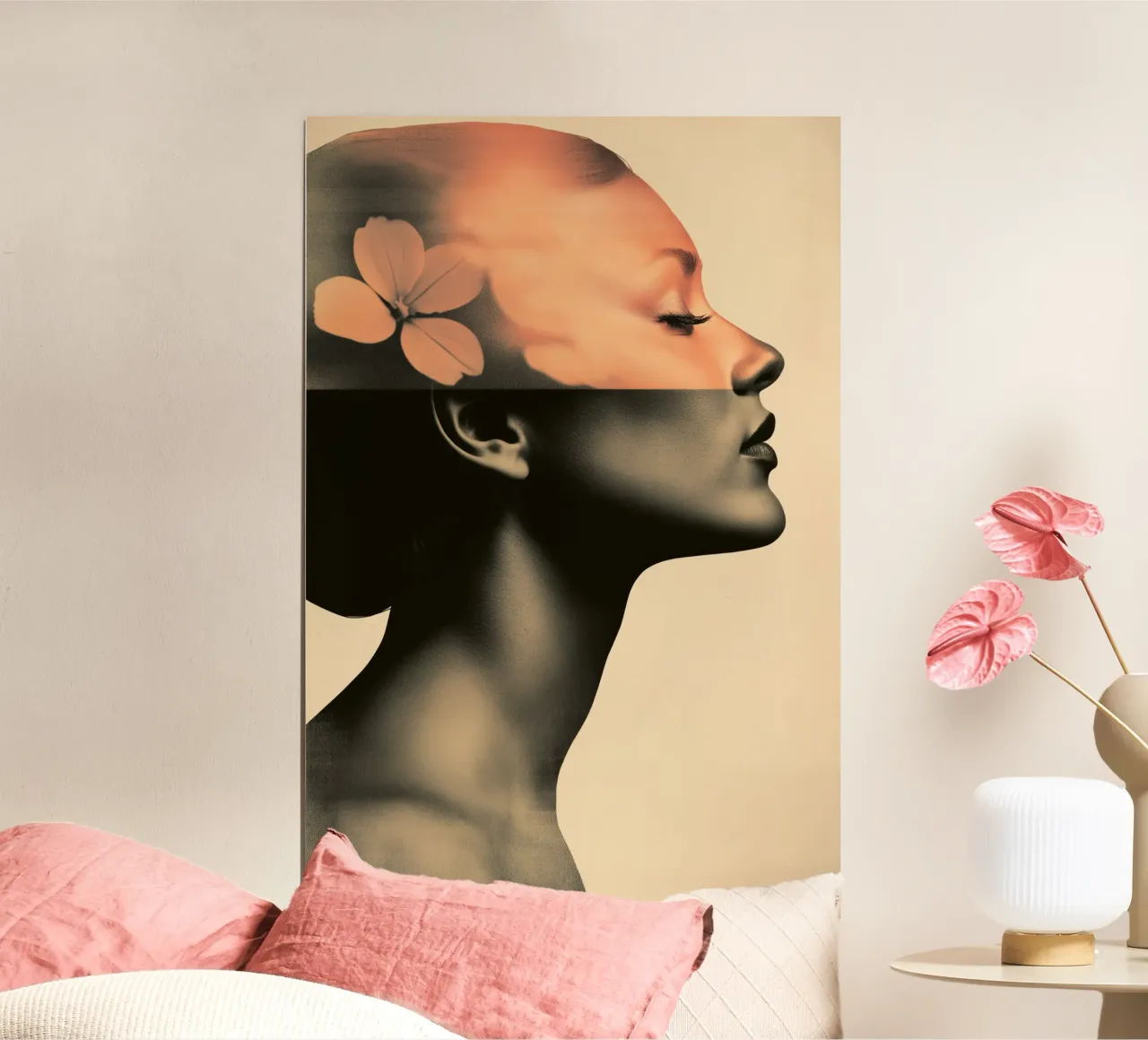 Ritratto femminile con ortensia poster con telaio in plastica da Imagine