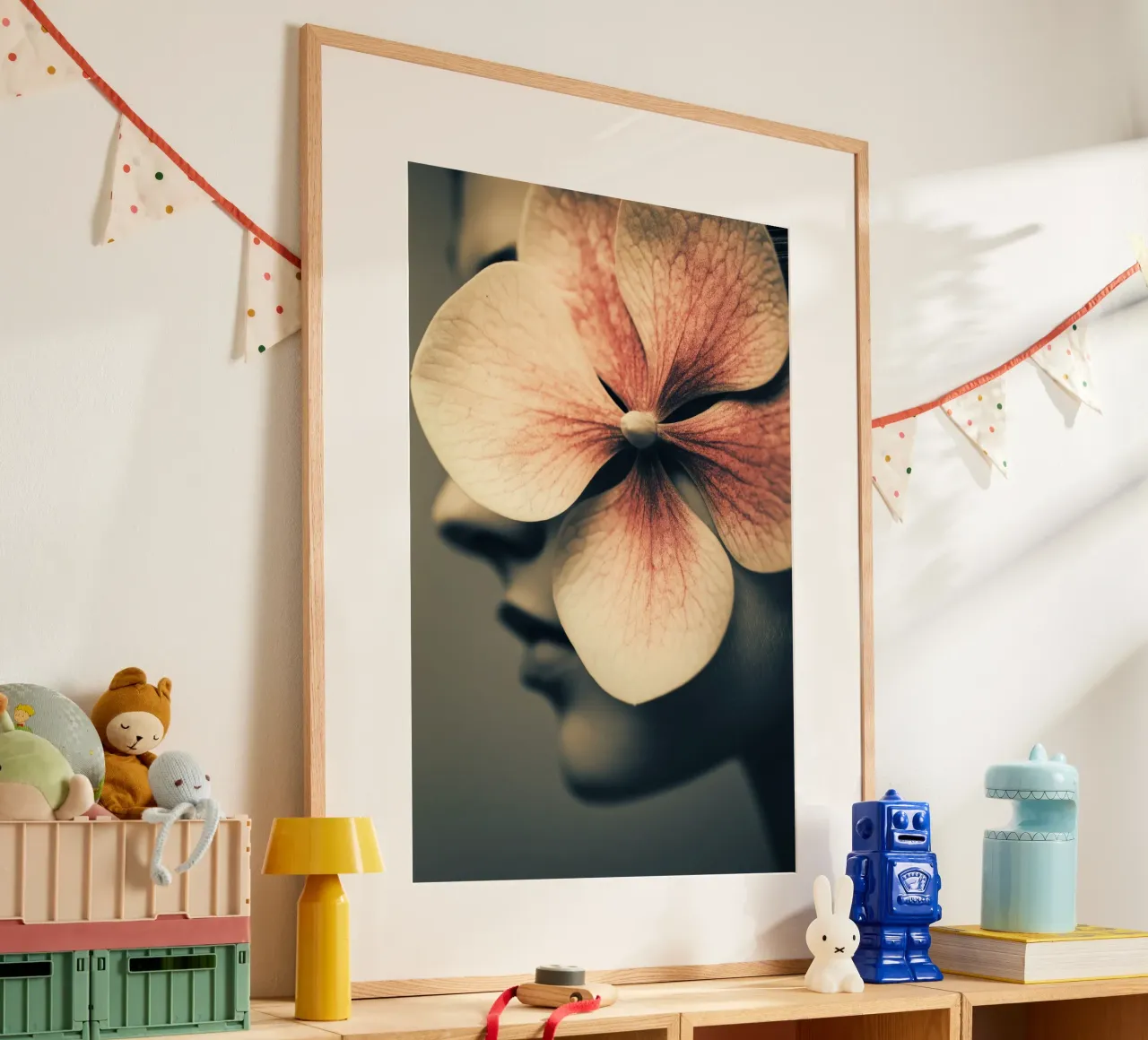 Ritratto femminile con ortensia poster con telaio in plastica da Imagine