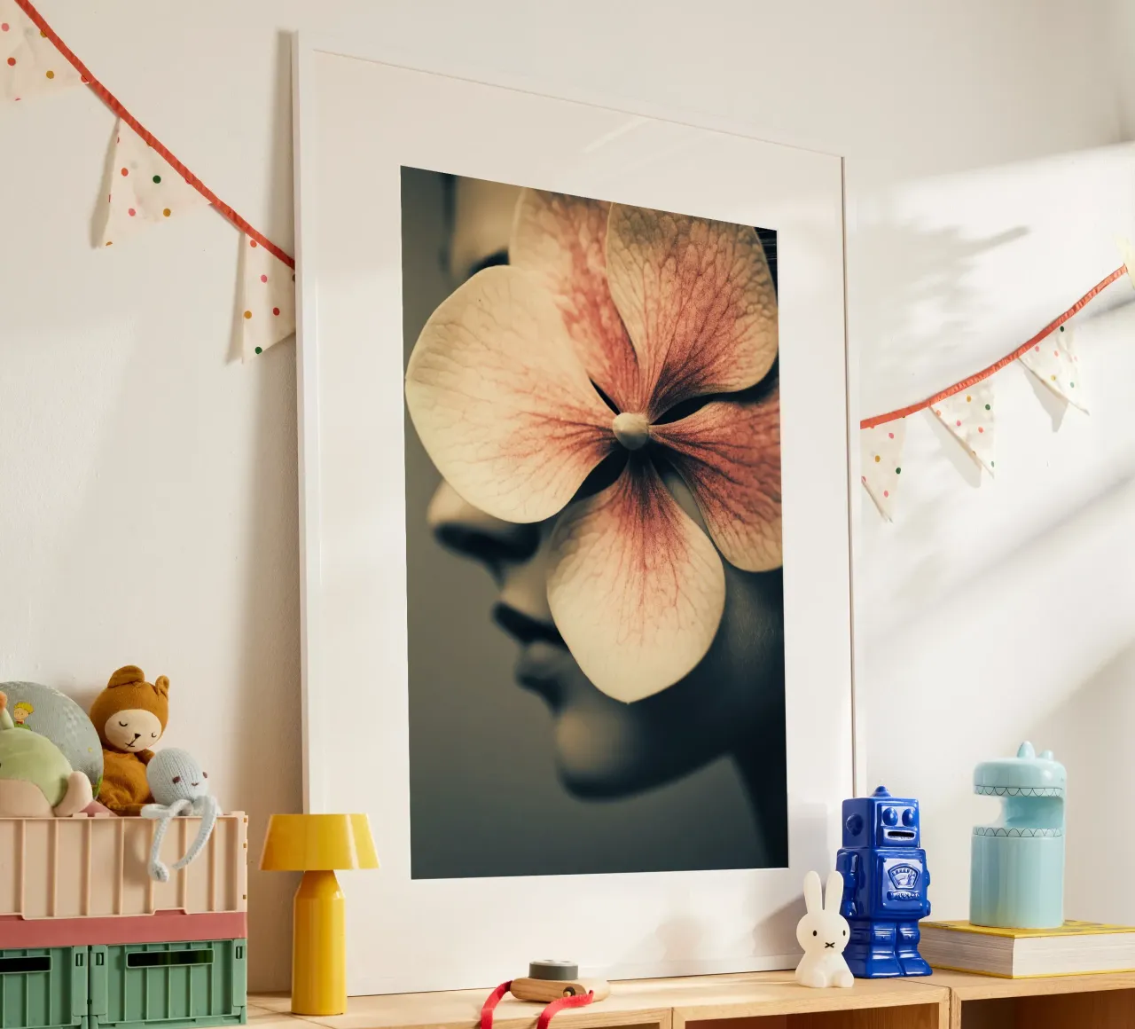 Ritratto femminile con ortensia poster con telaio in plastica da Imagine