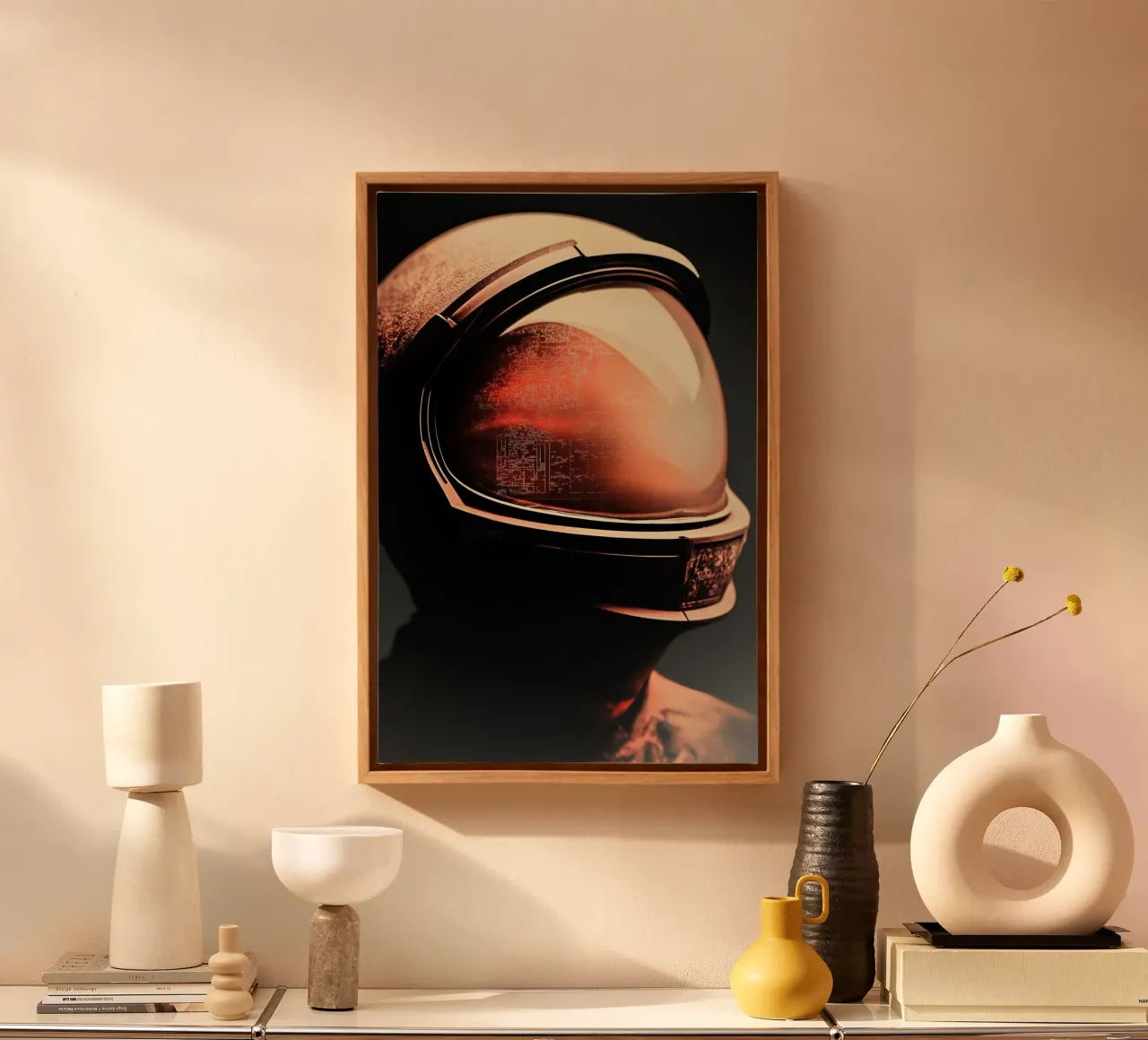 Een astronaut met Oranje gloed canvas met Baklijst van Imagine
