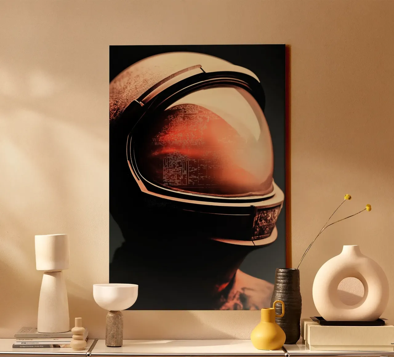 Een astronaut met Oranje gloed canvas met Baklijst van Imagine