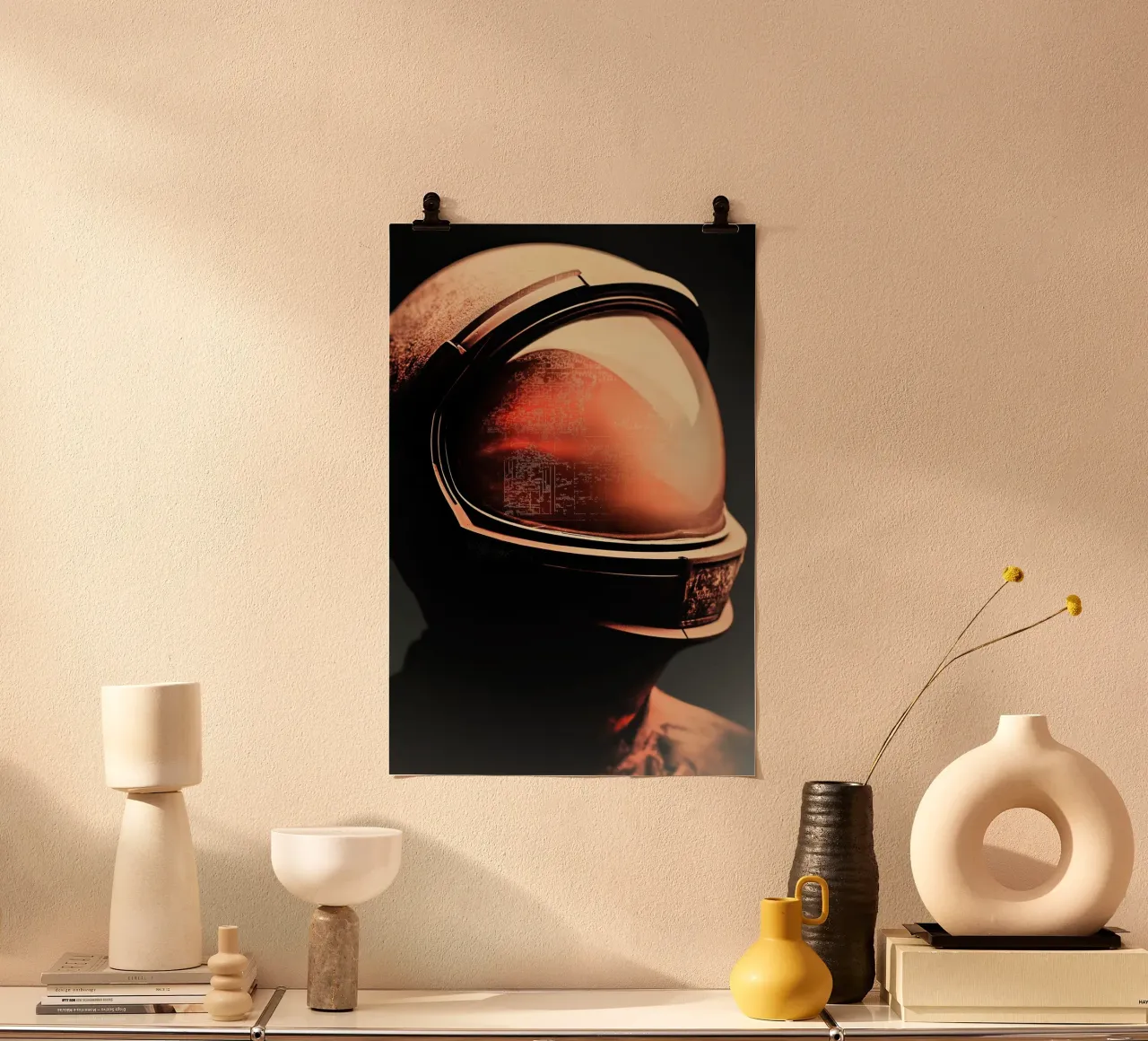 Een astronaut met Oranje gloed poster con telaio in alluminio da Imagine