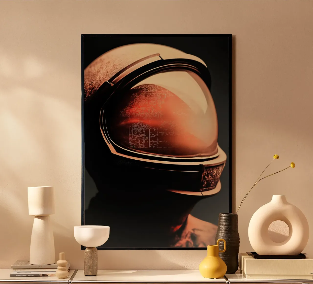Een astronaut met Oranje gloed poster con telaio in alluminio da Imagine