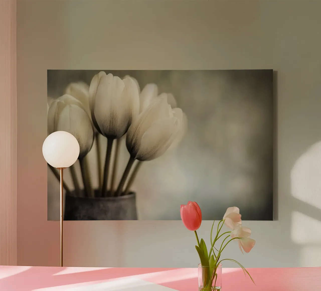 A vase with tulips in soft colours canvas by Imagine