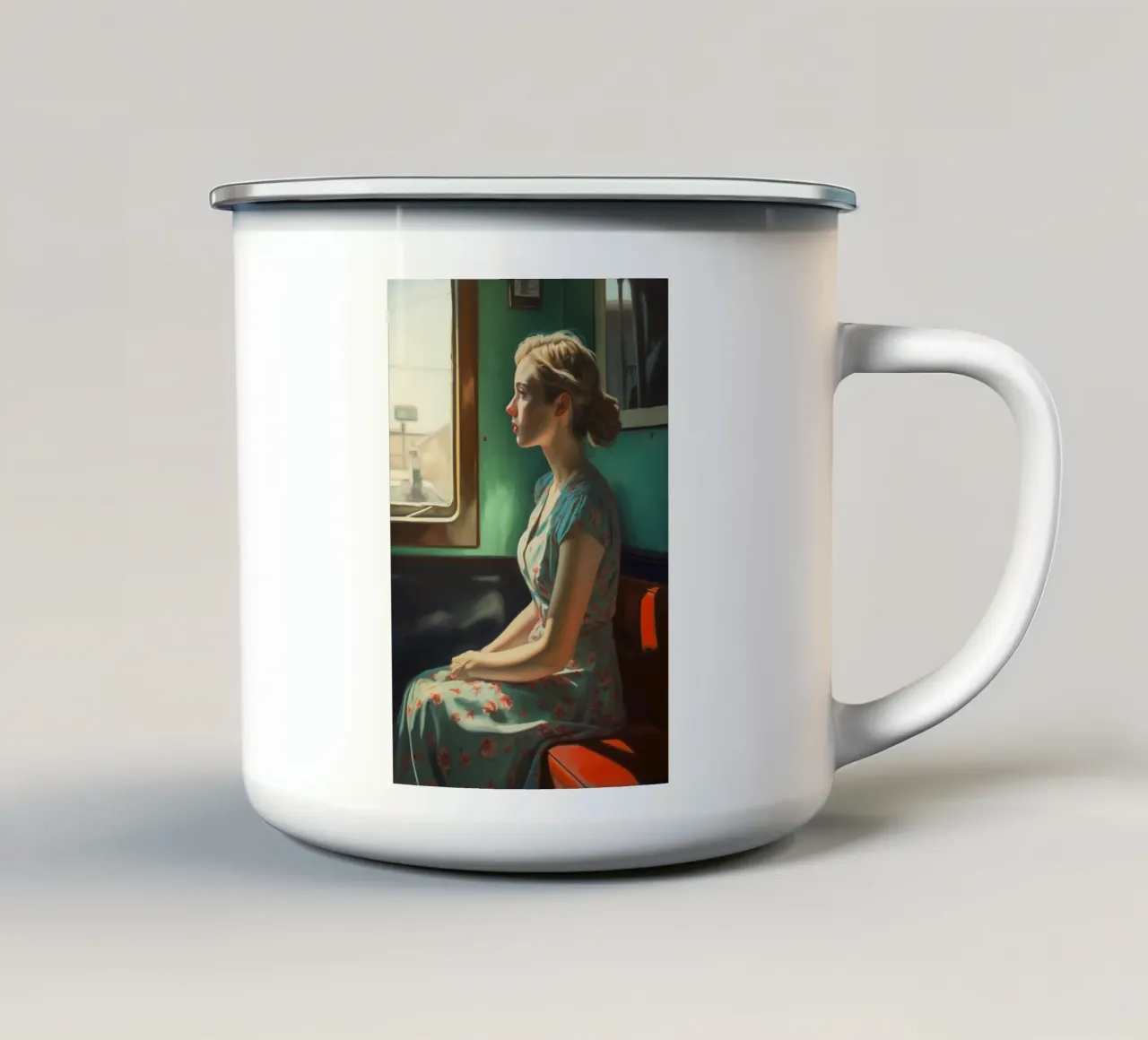 Femme dans un compartiment de train mug en émail de Carinaprint