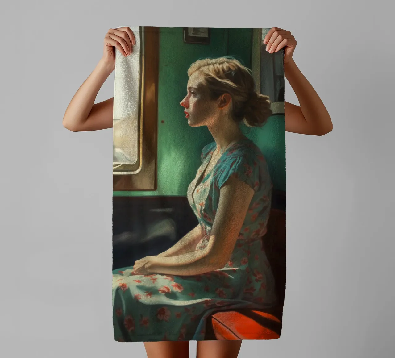 Femme dans un compartiment de train serviette de bain de Carinaprint
