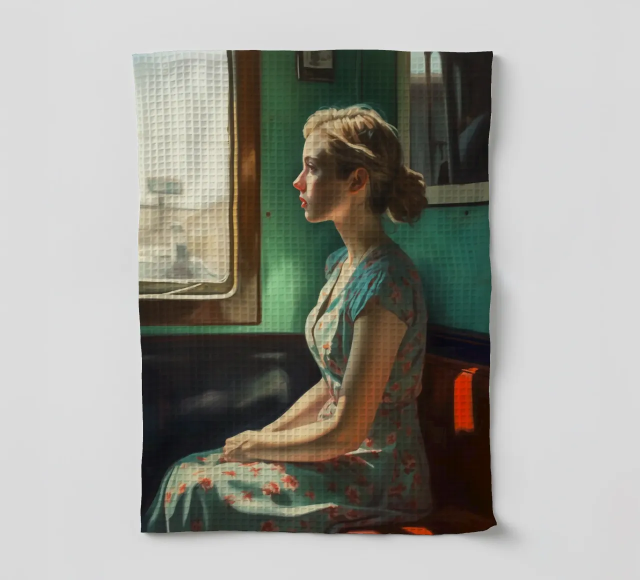 Femme dans un compartiment de train torchon de Carinaprint