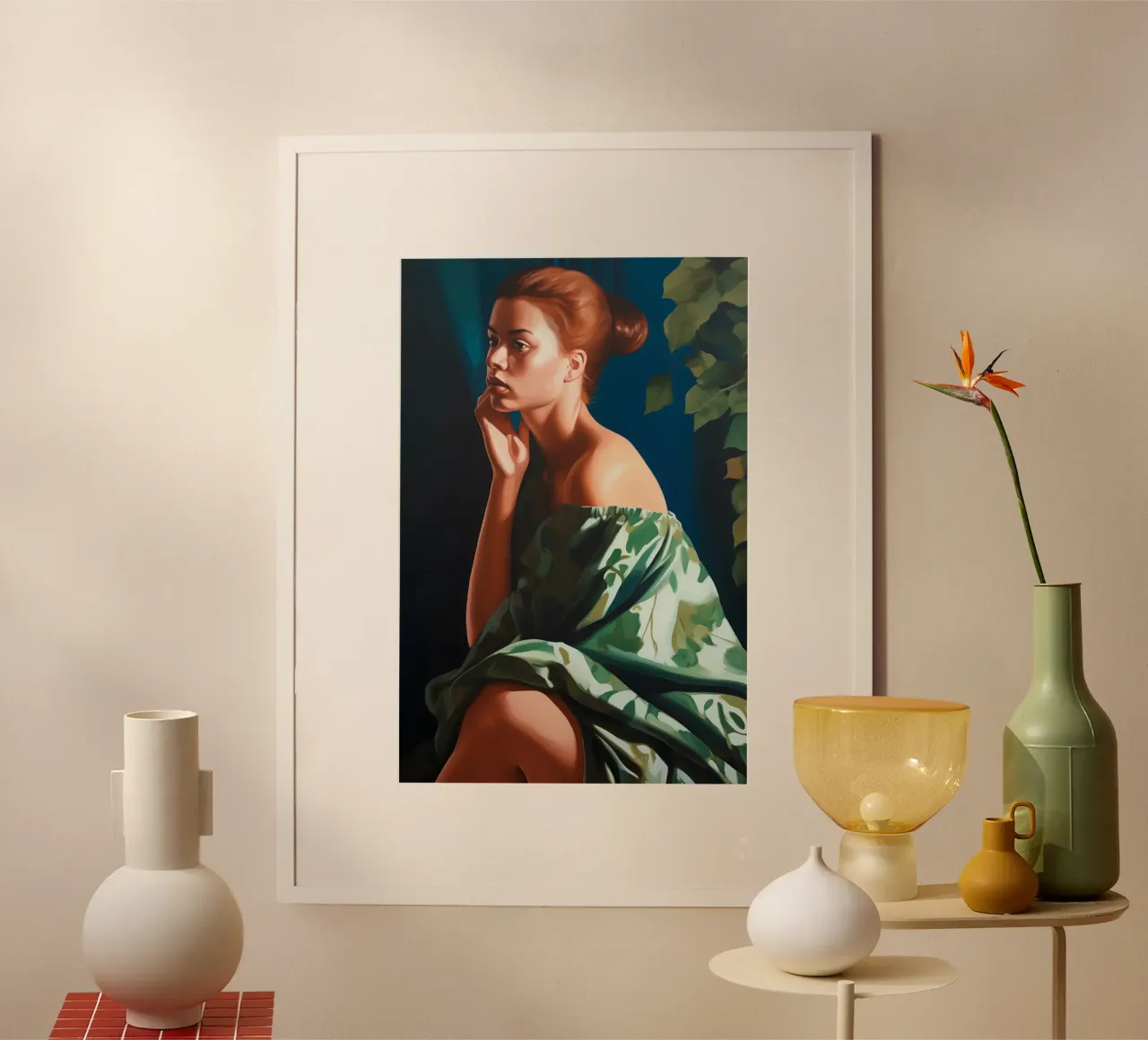 Donna sola alla luce del sole poster con telaio in legno da Carinaprint