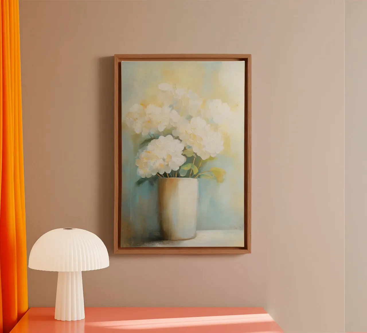 Hydrangeas in a vase canvas with Floater frame by Imagine