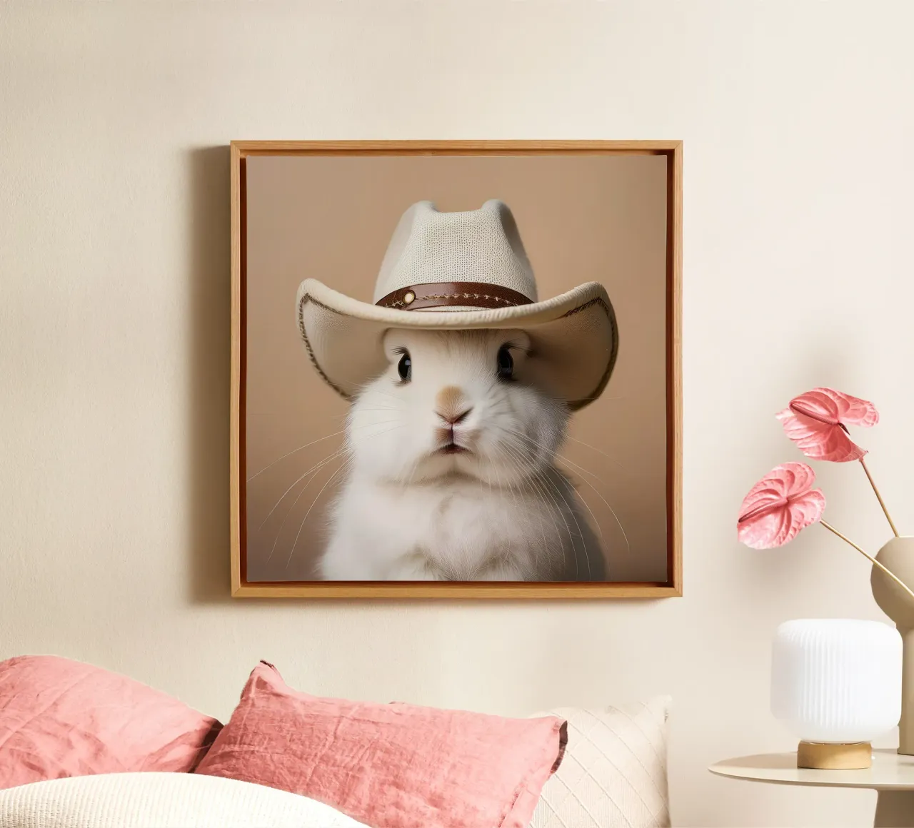 Liebenswerter Hase mit Cowboyhut | Skurrile Tierwandkunst Leinwand mit Schattenfugenrahmen von FlexiDesignsByK