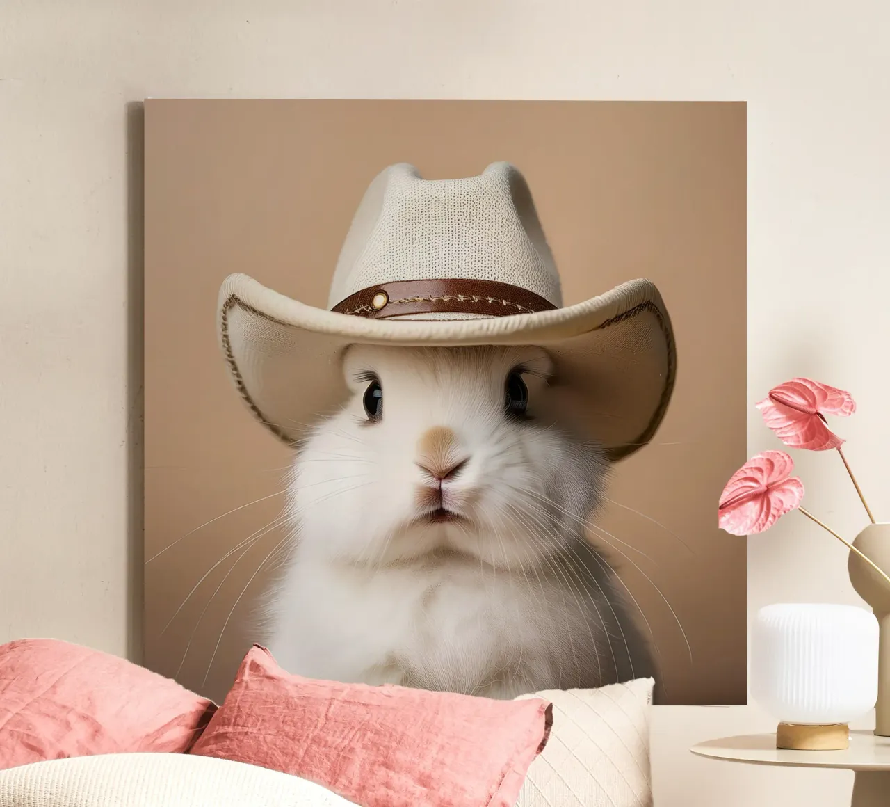 Liebenswerter Hase mit Cowboyhut | Skurrile Tierwandkunst Leinwand mit Schattenfugenrahmen von FlexiDesignsByK