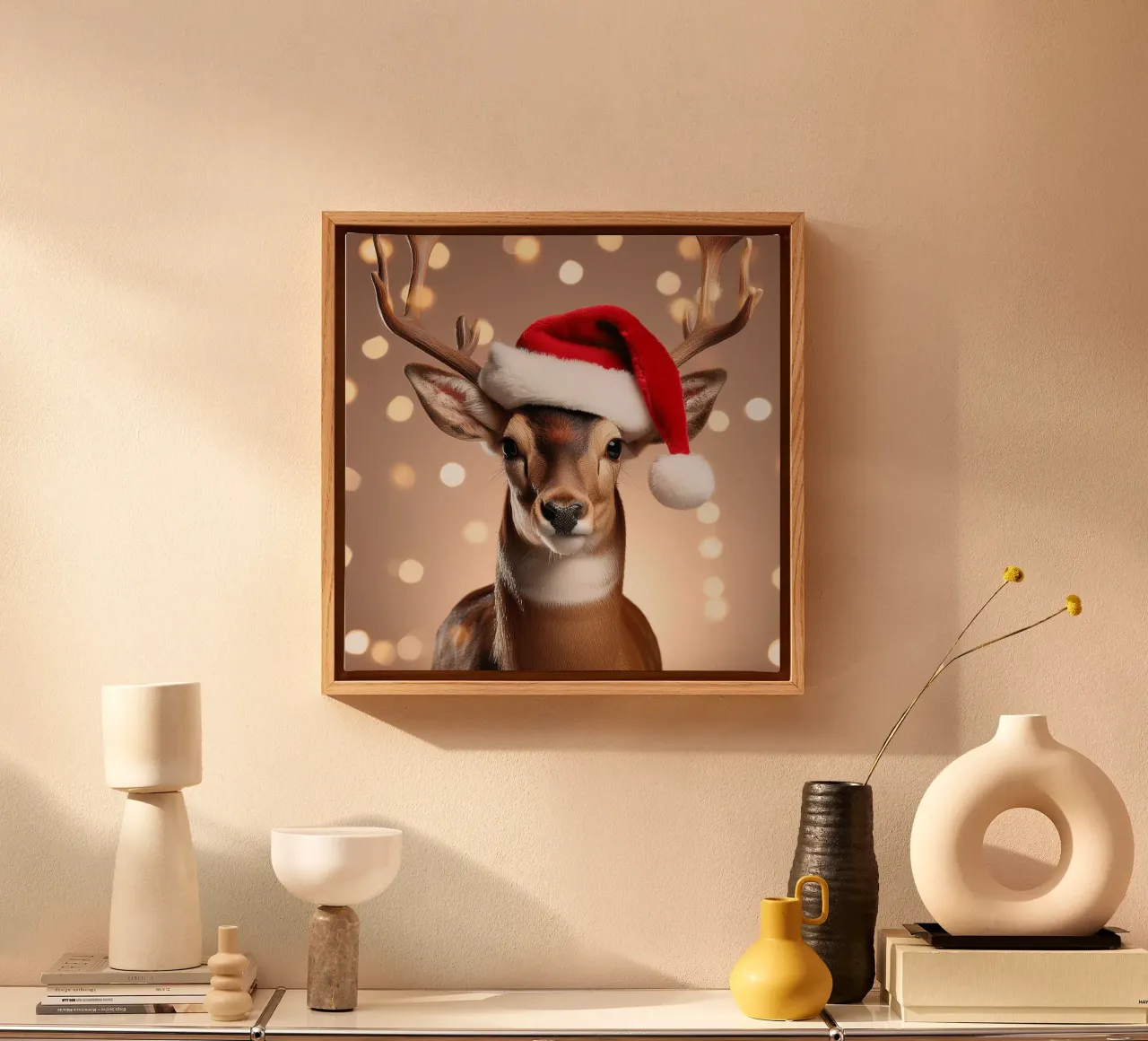 Feestelijk Rendier met Kerstmuts | Charmant Kerstmuurkunstwerk canvas met Baklijst van FlexiDesignsByK