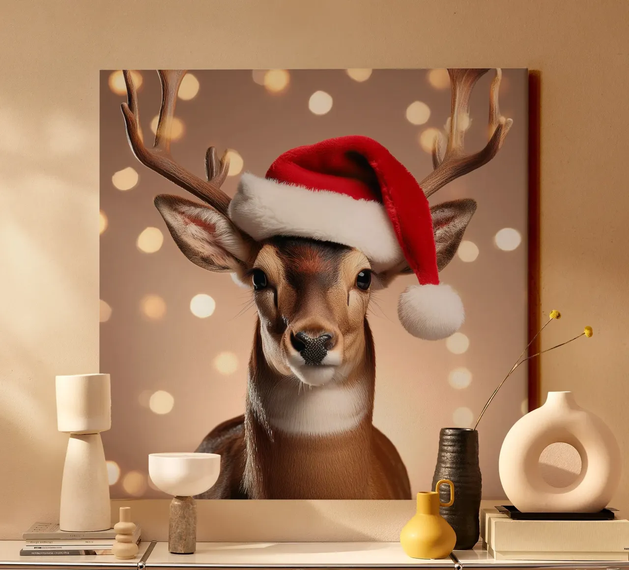 Feestelijk Rendier met Kerstmuts | Charmant Kerstmuurkunstwerk canvas met Baklijst van FlexiDesignsByK