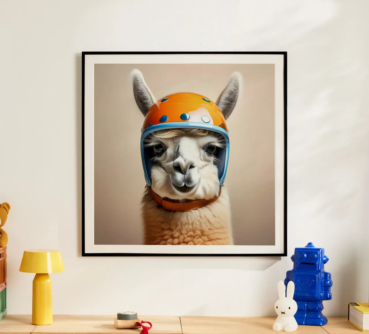 Quirky Llama in Orange Helmet | Fun and Playful Wall Art hahnemühle by FlexiDesignsByK