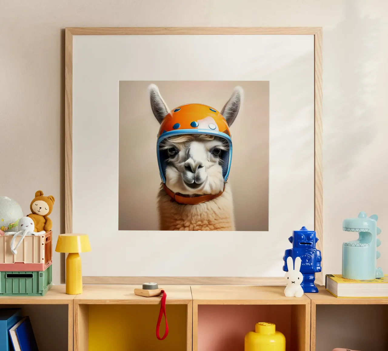 Quirky Llama in Orange Helmet | Fun and Playful Wall Art hahnemühle by FlexiDesignsByK