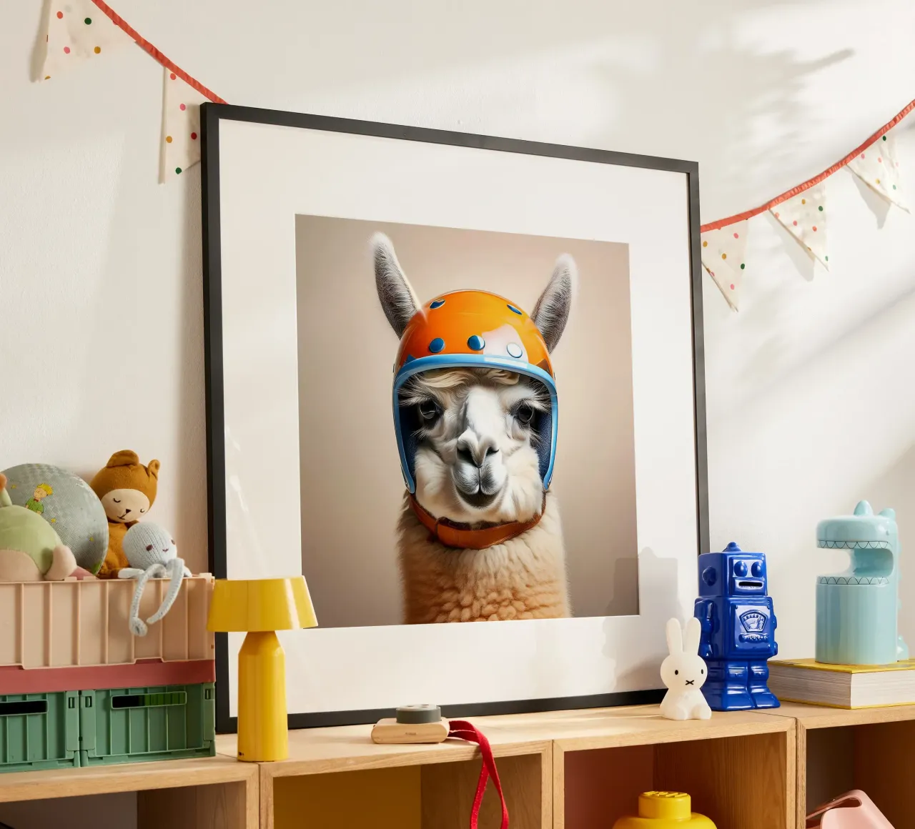 Quirky Llama in Orange Helmet | Fun and Playful Wall Art hahnemühle by FlexiDesignsByK