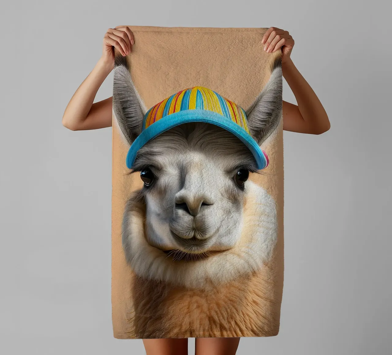 Kleurrijke Lama met Gestreepte Hoed | Leuk en Eigenzinnig Muurkunstwerk badhanddoek van FlexiDesignsByK