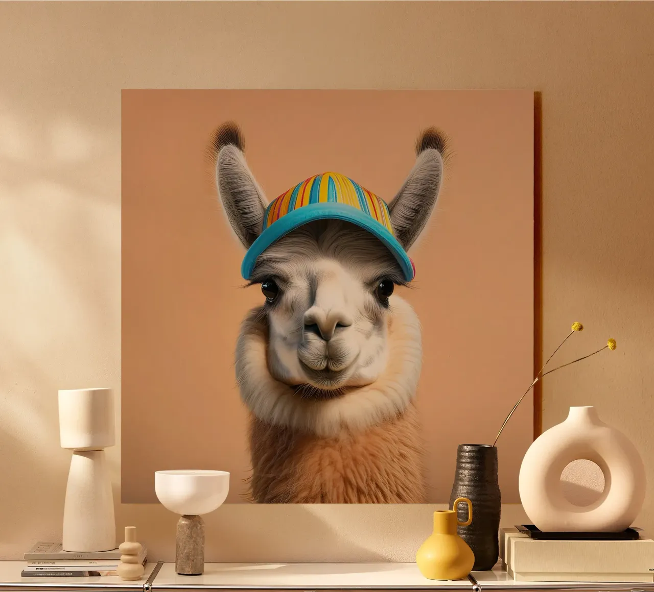 Lama coloré avec chapeau rayé | Art mural amusant et excentrique panneau forex de FlexiDesignsByK