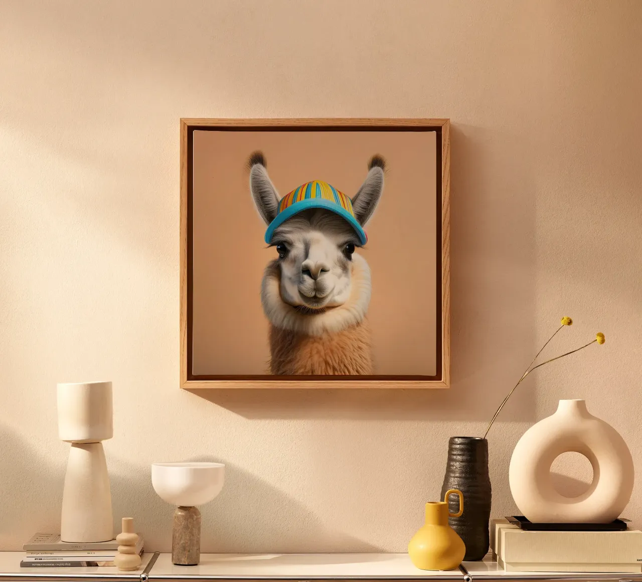 Kleurrijke Lama met Gestreepte Hoed | Leuk en Eigenzinnig Muurkunstwerk canvas met Baklijst van FlexiDesignsByK
