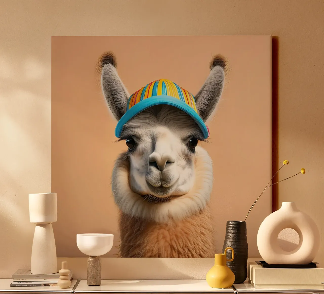 Kleurrijke Lama met Gestreepte Hoed | Leuk en Eigenzinnig Muurkunstwerk canvas met Baklijst van FlexiDesignsByK