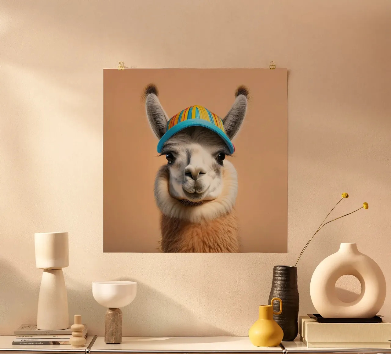 Kleurrijke Lama met Gestreepte Hoed | Leuk en Eigenzinnig Muurkunstwerk poster van FlexiDesignsByK