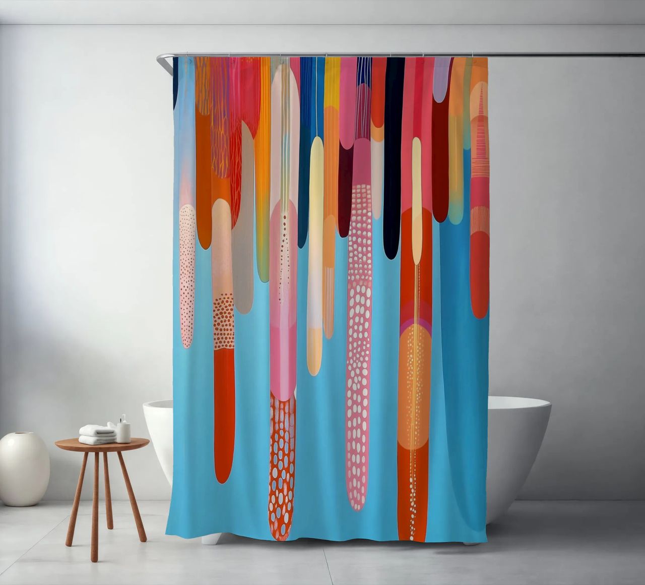 Abstract shapes in many cheerful colours shower curtain by Imagine