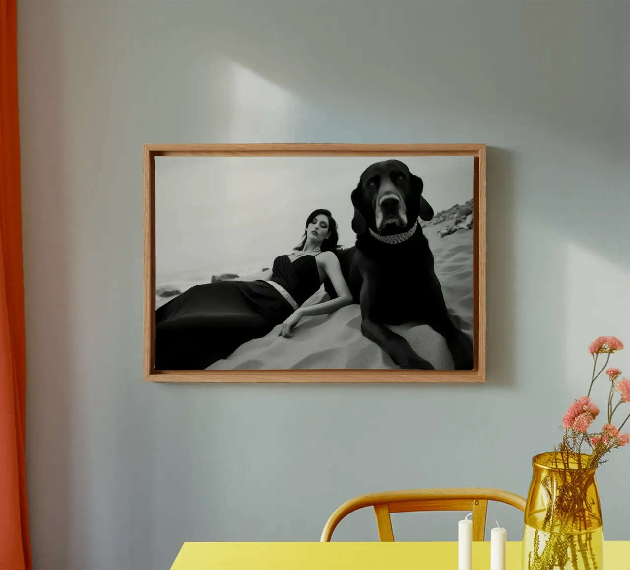 Modello femminile con mastino nero | Poesia in bianco e nero tela con Cornice a cassetta da Autofocus