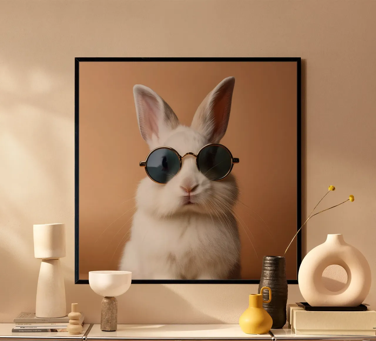 Cool konijntje met zonnebril | Leuk en stijlvol muurschilderij poster met kunststof frame van FlexiDesignsByK