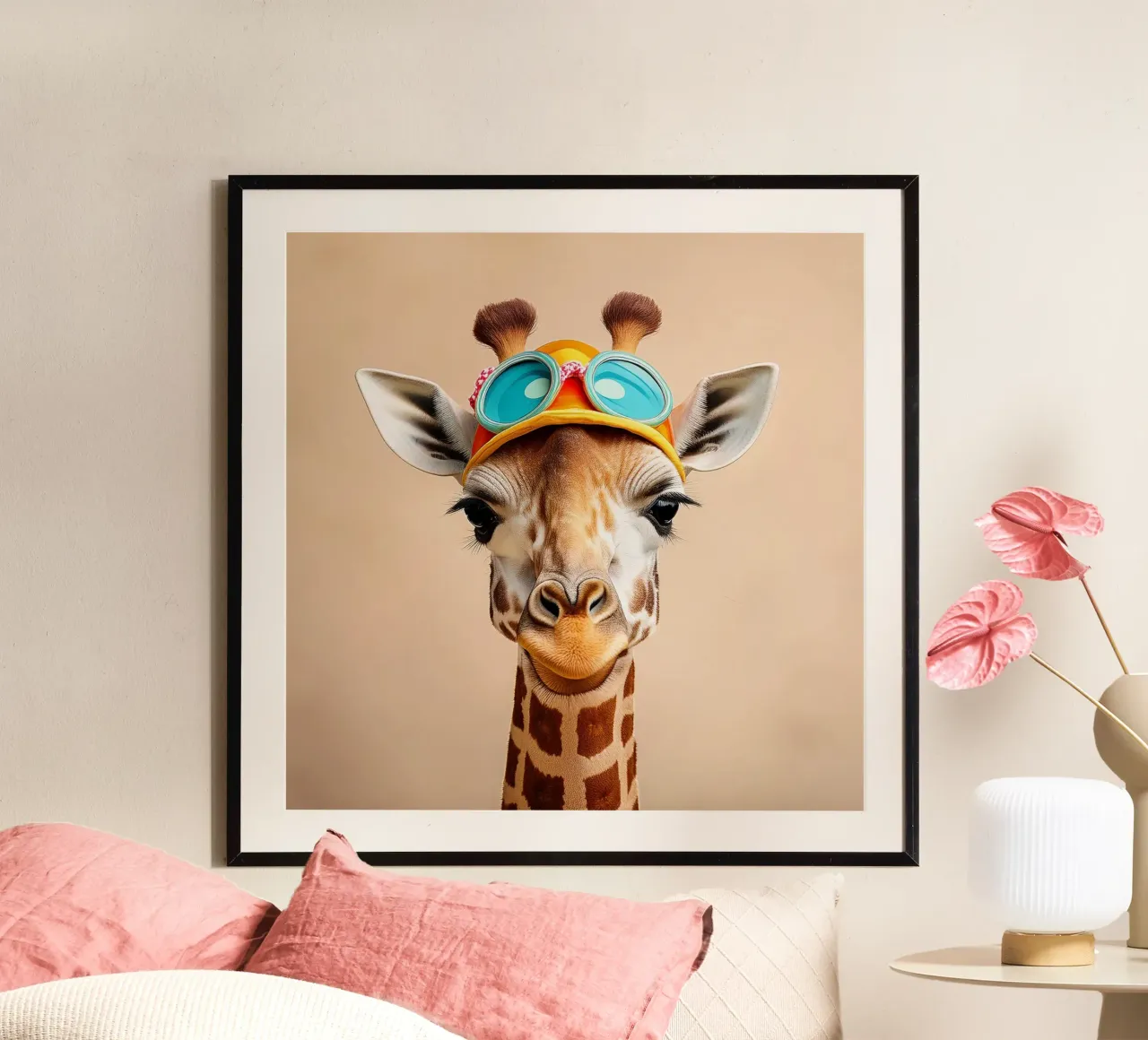 Jirafa graciosa con sombrero y gafas | Arte único de animales para pared poster con marco de plástico de FlexiDesignsByK